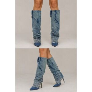 Azalea Wang Rhinestone Denim Slouch Boots Women's Size 7.5 Blue Glam Western